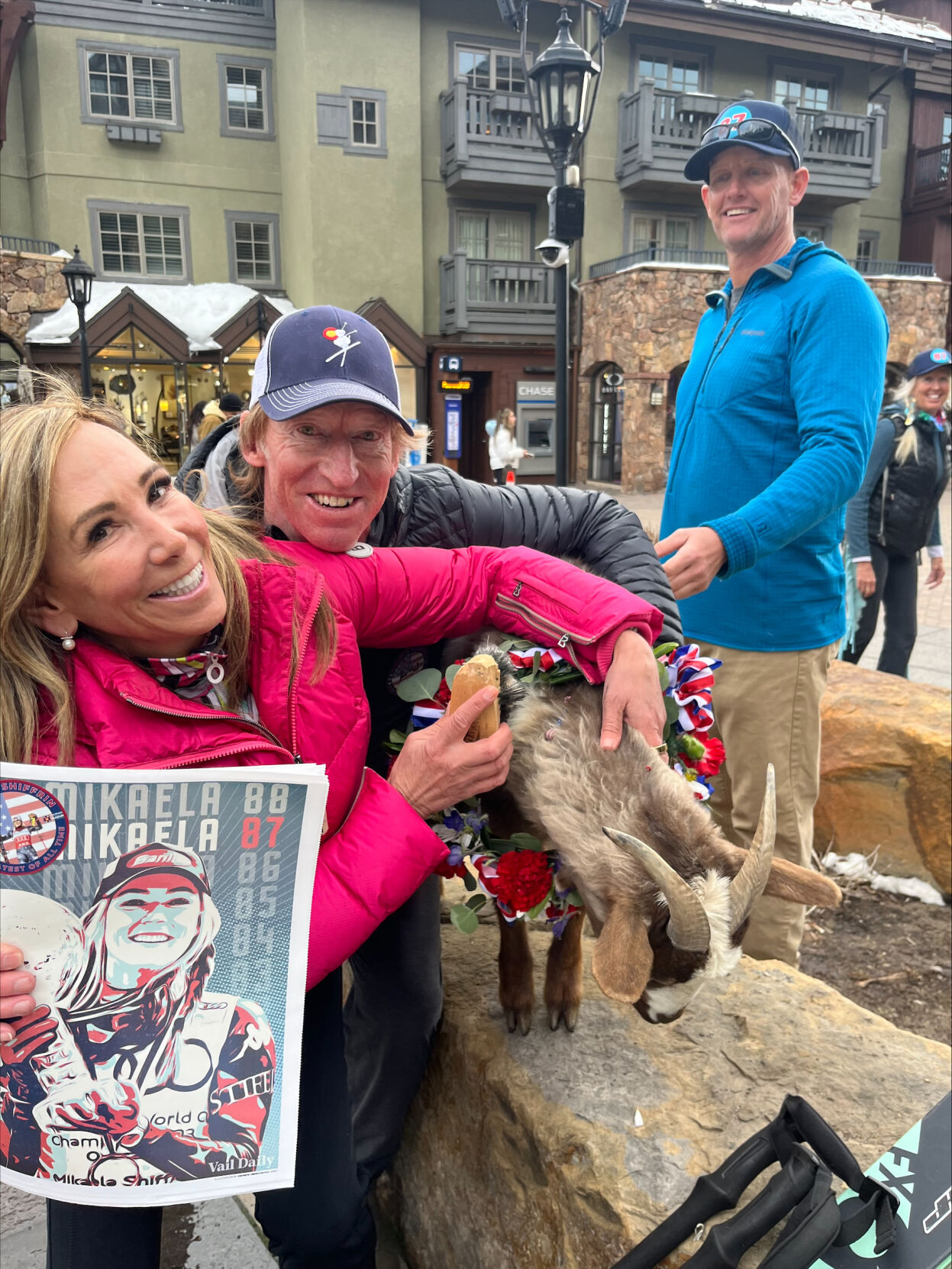 Chris Anthony and Brenda Buglione with Mikaela Shiffrin's goat
