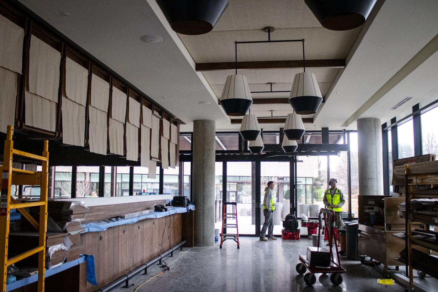 Inside the lobby and bar of the Moxy Boulder hotel