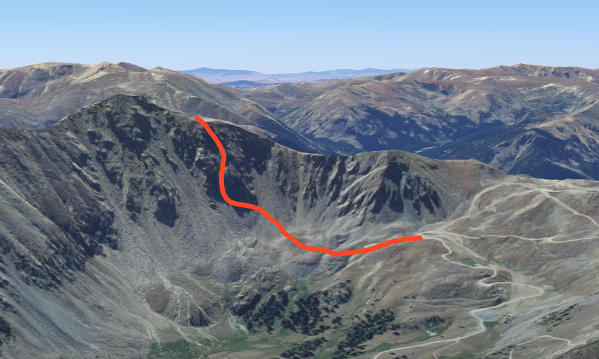 A rough look at the route up the Arapahoe Basin Via Ferrata. Photo Credit: @2022 Google Maps (with route line added)