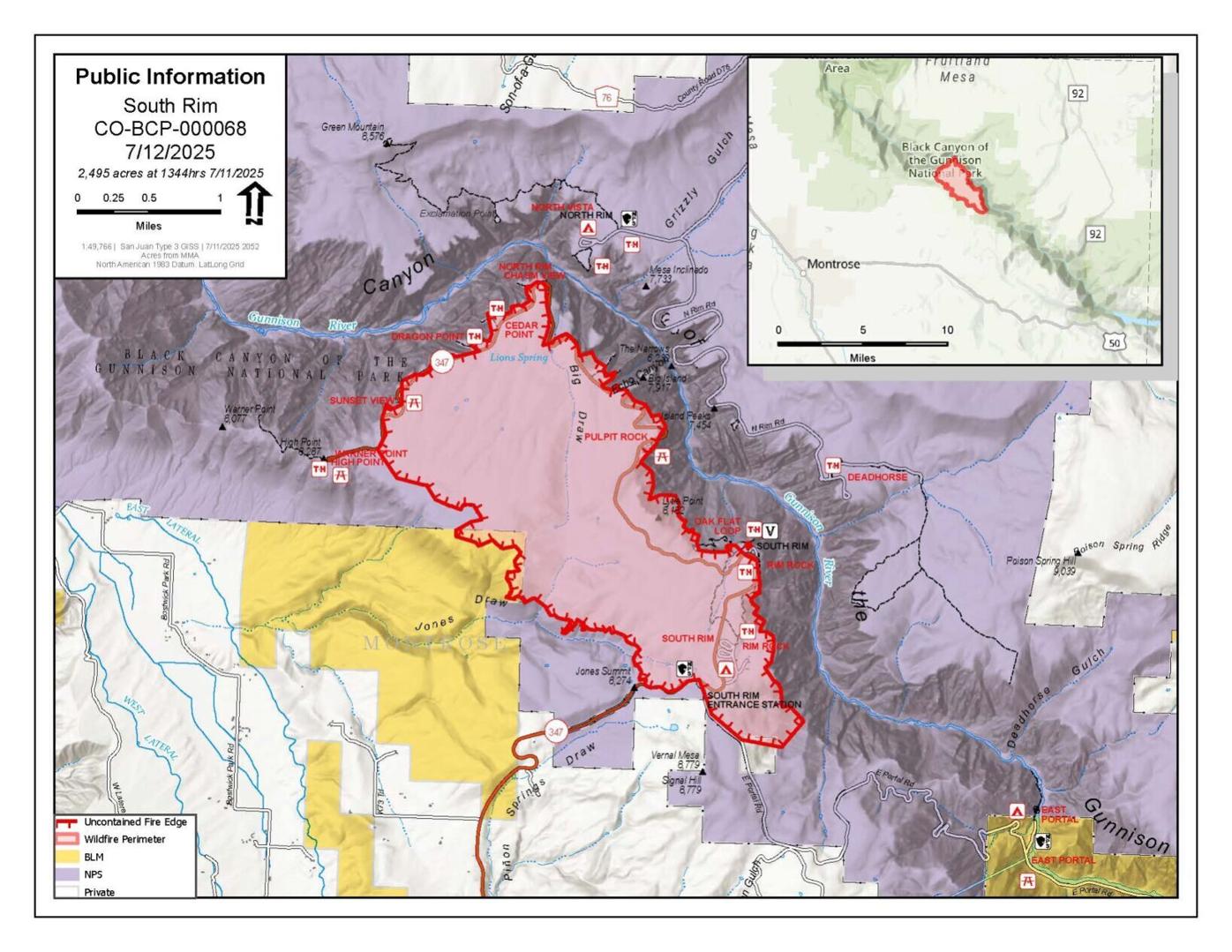 South Rim fire, July 12 map
