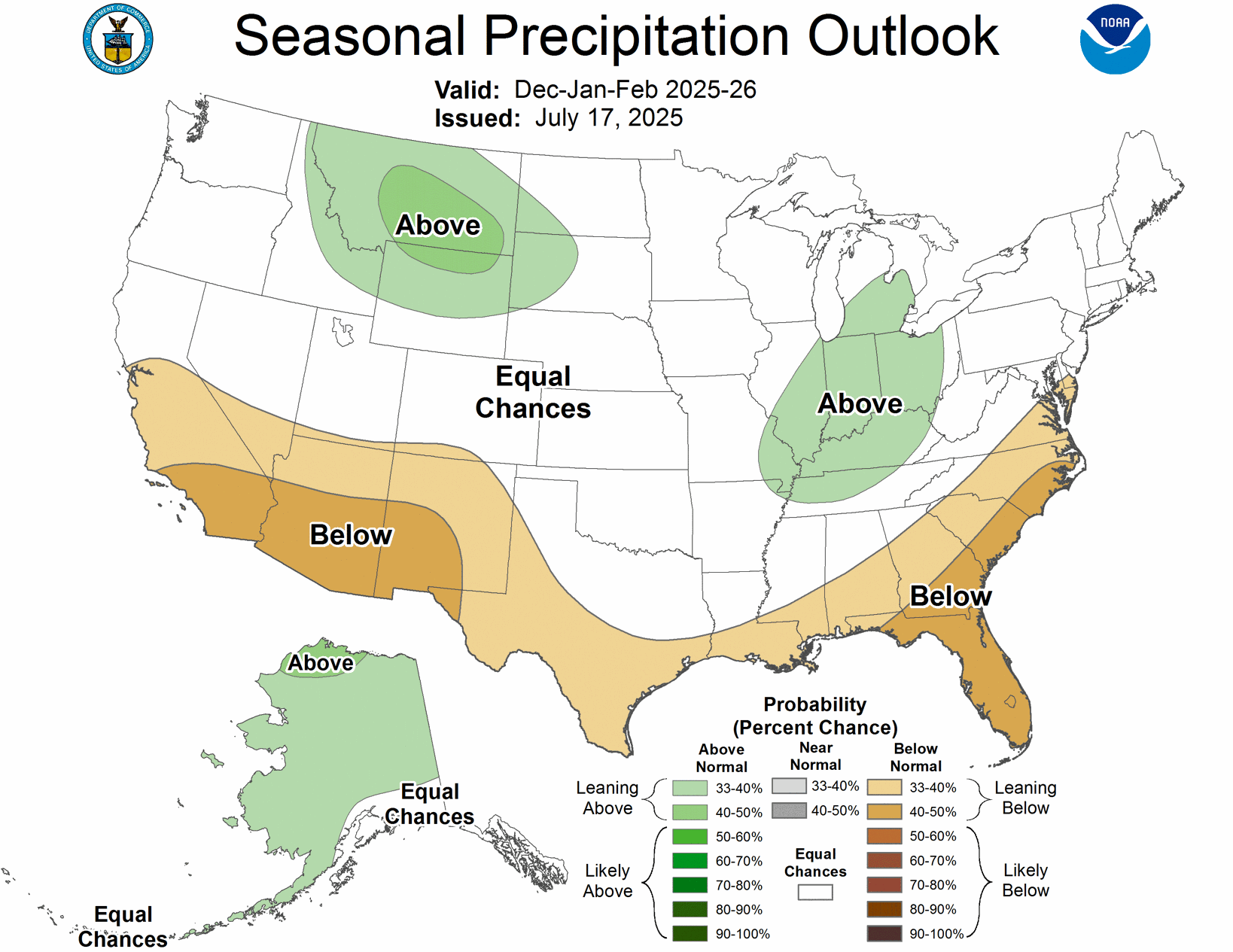 The precipitation outlook for December through February. Map: NOAA.