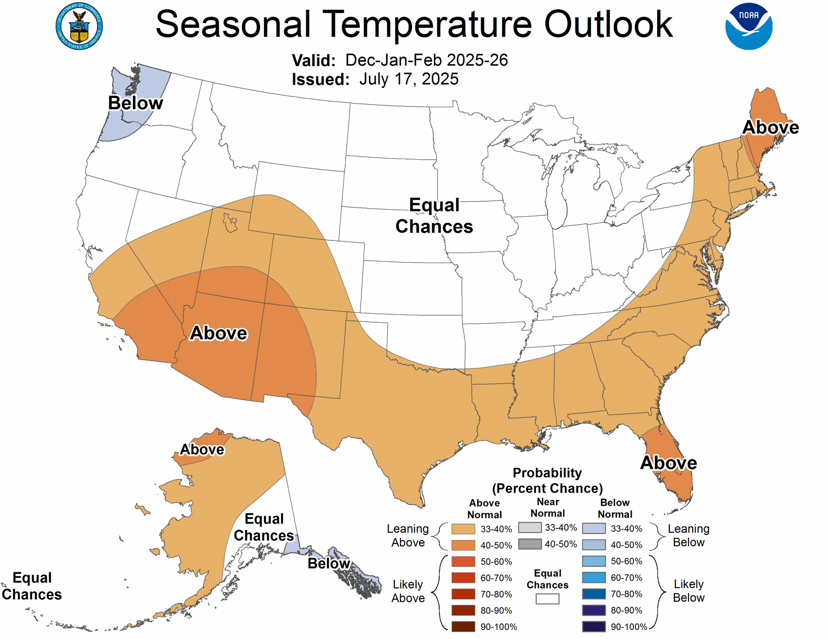The temperature outlook for December through February. Map: NOAA.